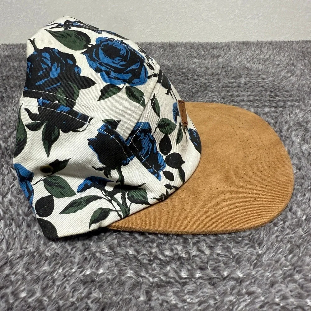 EMPYRE Blue Rose Floral Print 5 Panel Cap White Brown Suede Brim Strapback